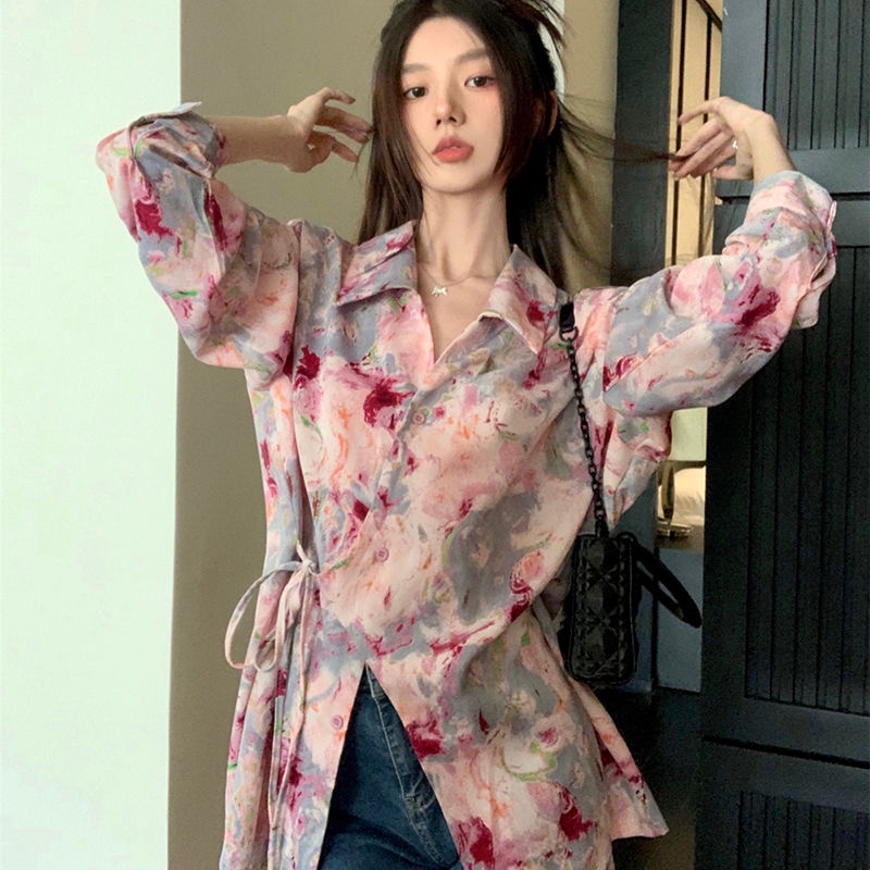 Jiashucheng Áo Sơ Mi Tay Dài Dáng Rộng Cột Dây In Họa Tiết Hoa Phong Cách Mới
