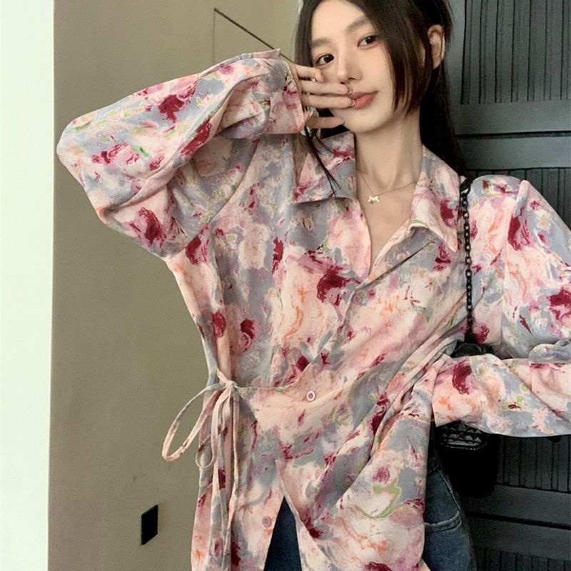 Jiashucheng Áo Sơ Mi Tay Dài Dáng Rộng Cột Dây In Họa Tiết Hoa Phong Cách Mới