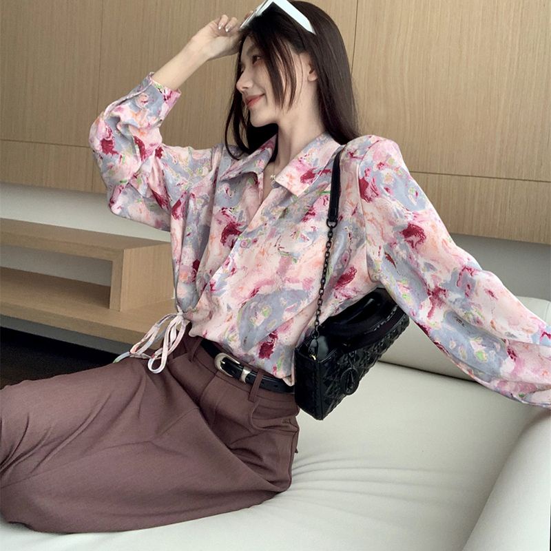 Jiashucheng Áo Sơ Mi Tay Dài Dáng Rộng Cột Dây In Họa Tiết Hoa Phong Cách Mới