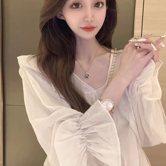 Jiashucheng Áo Sơ Mi Chiffon Cổ Chữ V Dáng Rộng Kích Thước Lớn Phong Cách Pháp Thời Trang Xuân Thu Cho Nữ