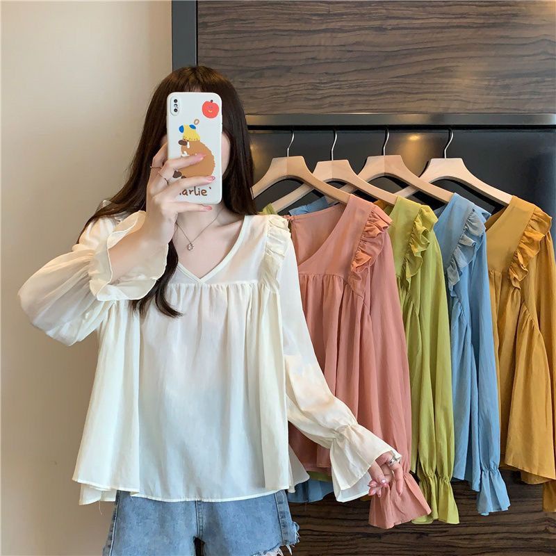 Jiashucheng Áo Sơ Mi Chiffon Cổ Chữ V Dáng Rộng Kích Thước Lớn Phong Cách Pháp Thời Trang Xuân Thu Cho Nữ