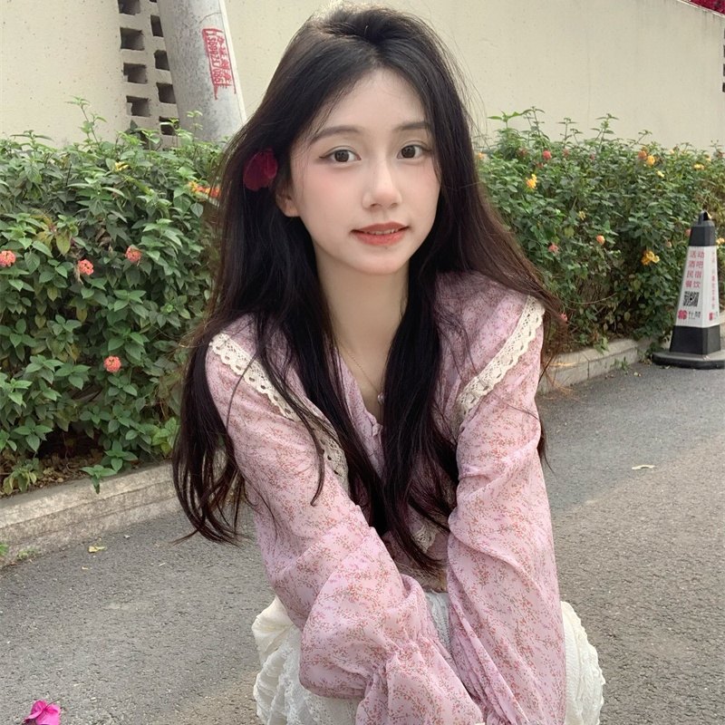 Jiashucheng Áo Kiểu Tay Dài Viền Ren Hoa Phong Cách Hàn Quốc Ngọt Ngào Dễ Phối Đồ Cho Nữ