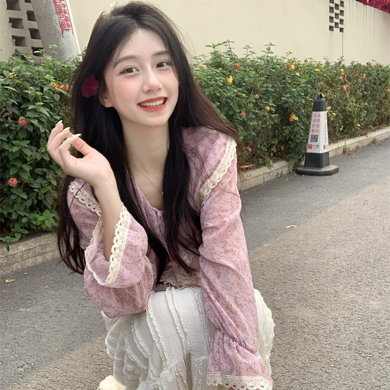 Jiashucheng Áo Kiểu Tay Dài Viền Ren Hoa Phong Cách Hàn Quốc Ngọt Ngào Dễ Phối Đồ Cho Nữ