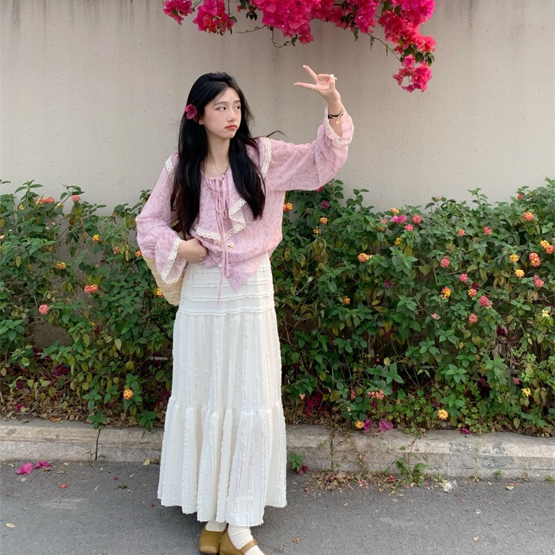 Jiashucheng Áo Kiểu Tay Dài Viền Ren Hoa Phong Cách Hàn Quốc Ngọt Ngào Dễ Phối Đồ Cho Nữ
