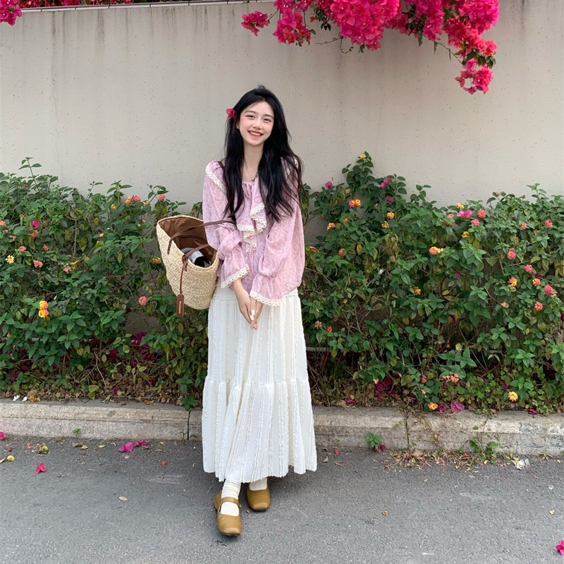 Jiashucheng Áo Kiểu Tay Dài Viền Ren Hoa Phong Cách Hàn Quốc Ngọt Ngào Dễ Phối Đồ Cho Nữ