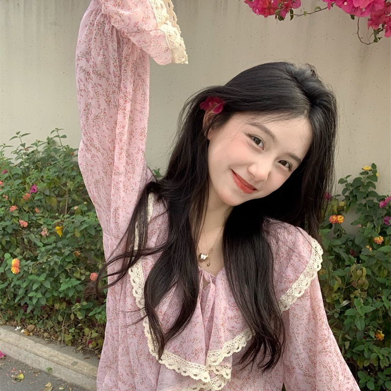 Jiashucheng Áo Kiểu Tay Dài Viền Ren Hoa Phong Cách Hàn Quốc Ngọt Ngào Dễ Phối Đồ Cho Nữ