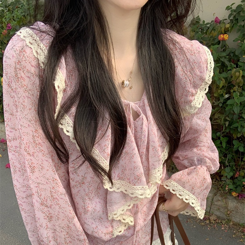 Jiashucheng Áo Kiểu Tay Dài Viền Ren Hoa Phong Cách Hàn Quốc Ngọt Ngào Dễ Phối Đồ Cho Nữ