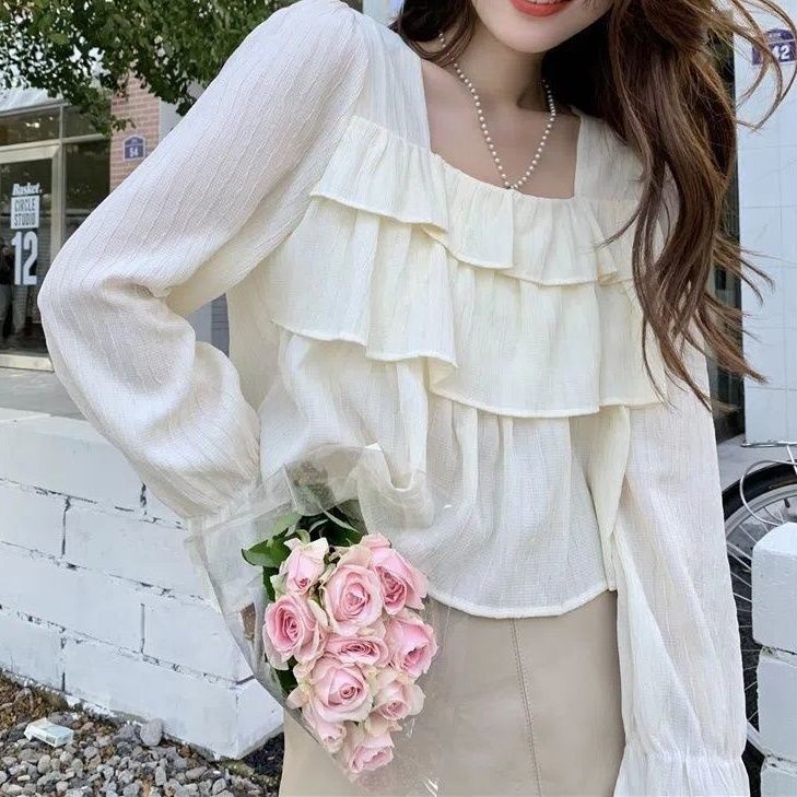 Jiashucheng Áo Cổ Vuông Che Bụng Phối Bèo Phong Cách Retro Mùa Thu Mới Cho Nữ