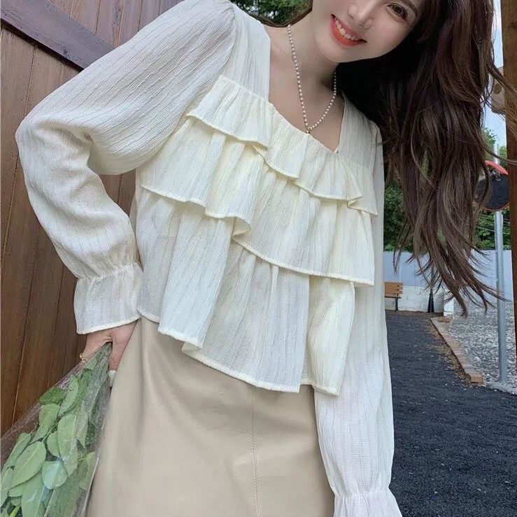 Jiashucheng Áo Cổ Vuông Che Bụng Phối Bèo Phong Cách Retro Mùa Thu Mới Cho Nữ