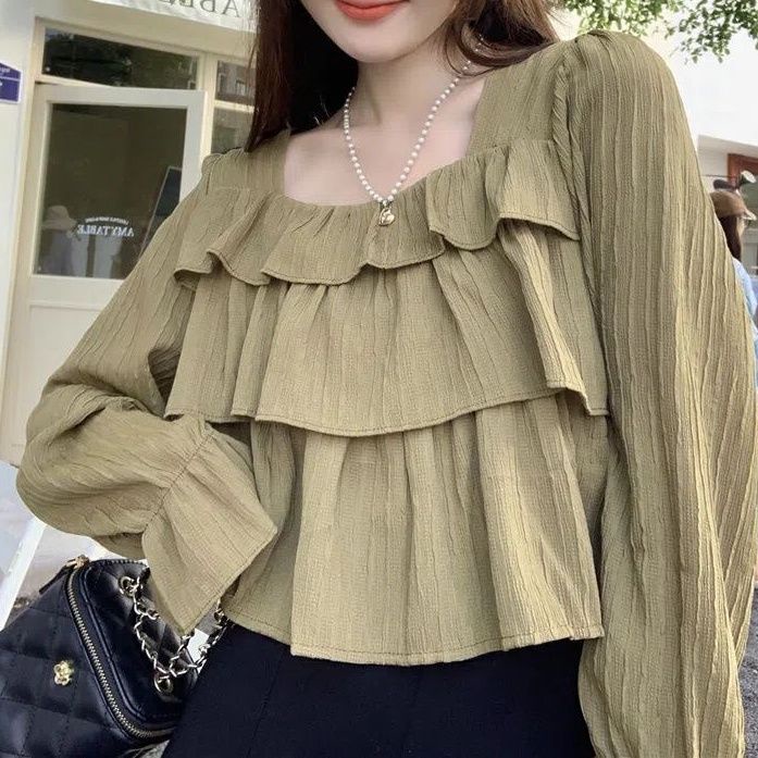 Jiashucheng Áo Cổ Vuông Che Bụng Phối Bèo Phong Cách Retro Mùa Thu Mới Cho Nữ