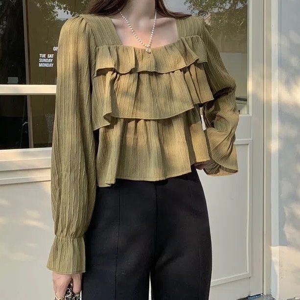 Jiashucheng Áo Cổ Vuông Che Bụng Phối Bèo Phong Cách Retro Mùa Thu Mới Cho Nữ