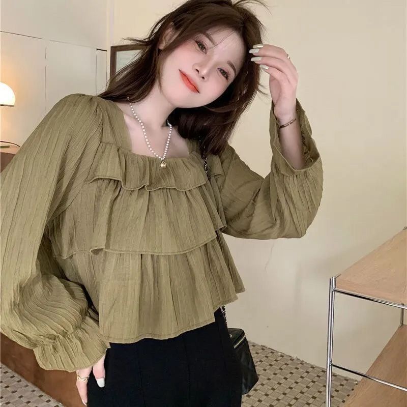 Jiashucheng Áo Cổ Vuông Che Bụng Phối Bèo Phong Cách Retro Mùa Thu Mới Cho Nữ