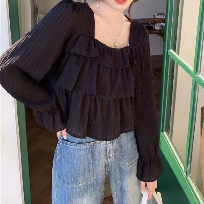 Jiashucheng Áo Cổ Vuông Che Bụng Phối Bèo Phong Cách Retro Mùa Thu Mới Cho Nữ