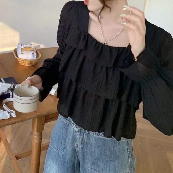 Jiashucheng Áo Cổ Vuông Che Bụng Phối Bèo Phong Cách Retro Mùa Thu Mới Cho Nữ