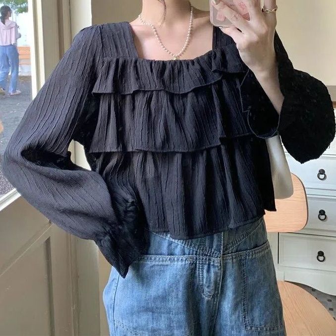 Jiashucheng Áo Cổ Vuông Che Bụng Phối Bèo Phong Cách Retro Mùa Thu Mới Cho Nữ