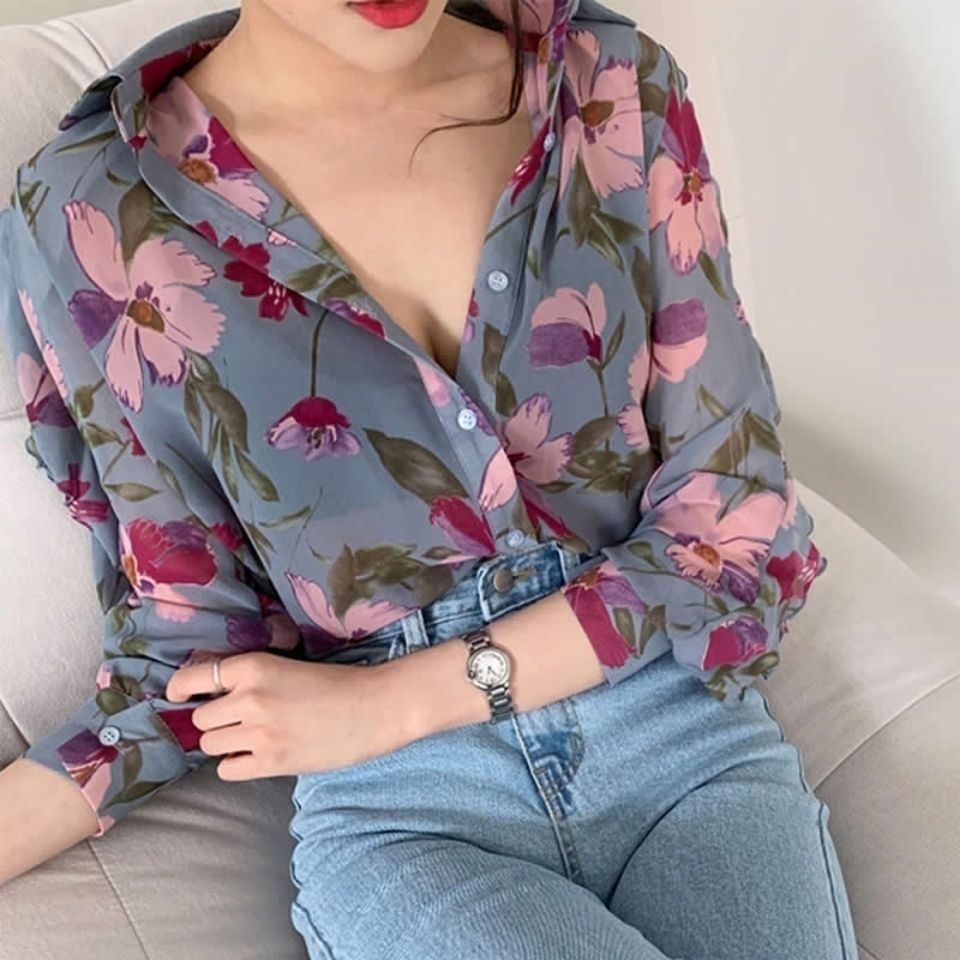Jiashucheng Áo Sơ Mi Chiffon Mỏng Tay Dài In Hoa Thời Trang Xuân Hè Dễ Phối Đồ Cho Nữ