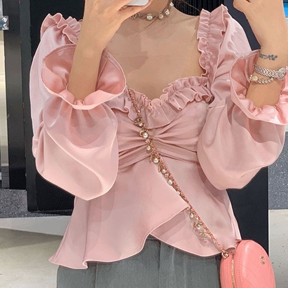 Jiashucheng Áo Kiểu Cổ Vuông Eo Hẹp Eo Hẹp Thiết Kế Mới Mùa Xuân Dành Cho Nữ