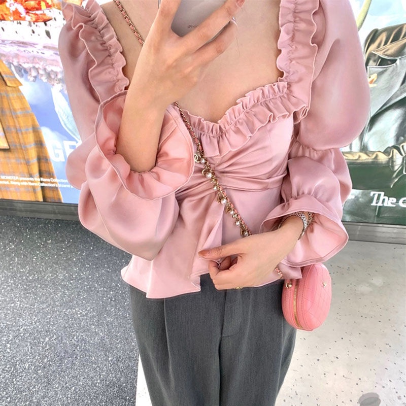 Jiashucheng Áo Kiểu Cổ Vuông Eo Hẹp Eo Hẹp Thiết Kế Mới Mùa Xuân Dành Cho Nữ