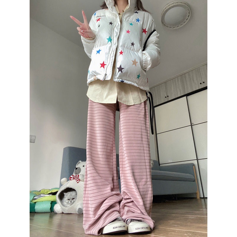 Quần Dài Lưng Cao Ống Rộng Họa Tiết Kẻ Sọc Thời Trang Xuân Thu Trẻ Trung Cho Nữ