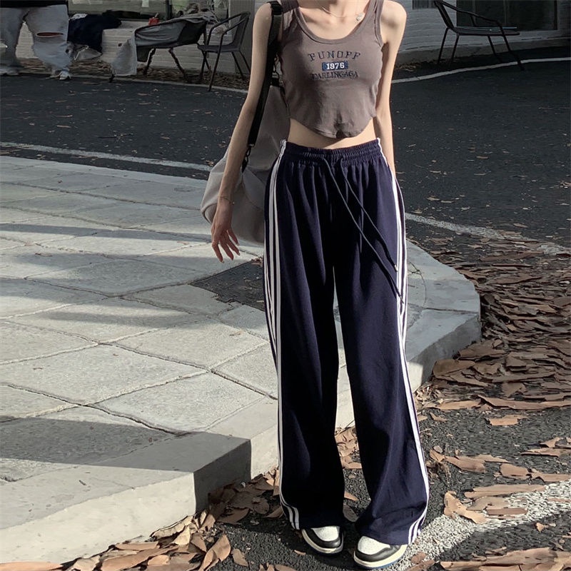 Jiashucheng Quần Ống Rộng Cạp Cao Dây Rút Kẻ Sọc Phong Cách Đường Phố Xuân Thu Mới Cho Nữ Sinh