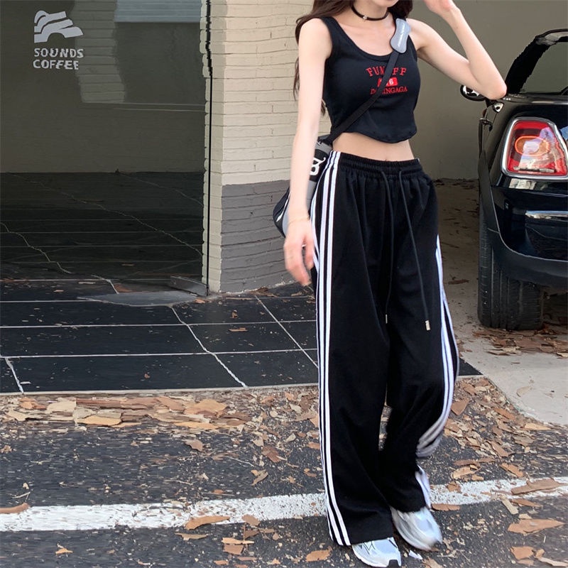 Jiashucheng Quần Ống Rộng Cạp Cao Dây Rút Kẻ Sọc Phong Cách Đường Phố Xuân Thu Mới Cho Nữ Sinh