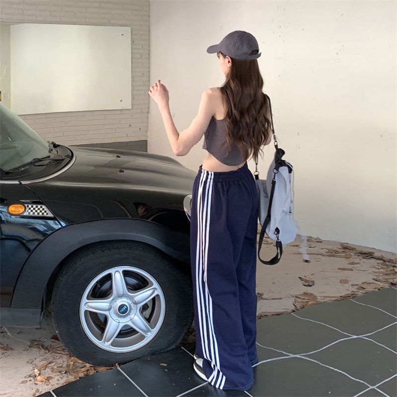 Jiashucheng Quần Ống Rộng Cạp Cao Dây Rút Kẻ Sọc Phong Cách Đường Phố Xuân Thu Mới Cho Nữ Sinh