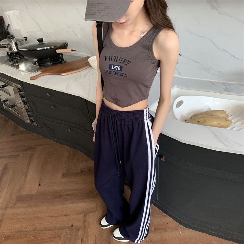 Jiashucheng Quần Ống Rộng Cạp Cao Dây Rút Kẻ Sọc Phong Cách Đường Phố Xuân Thu Mới Cho Nữ Sinh