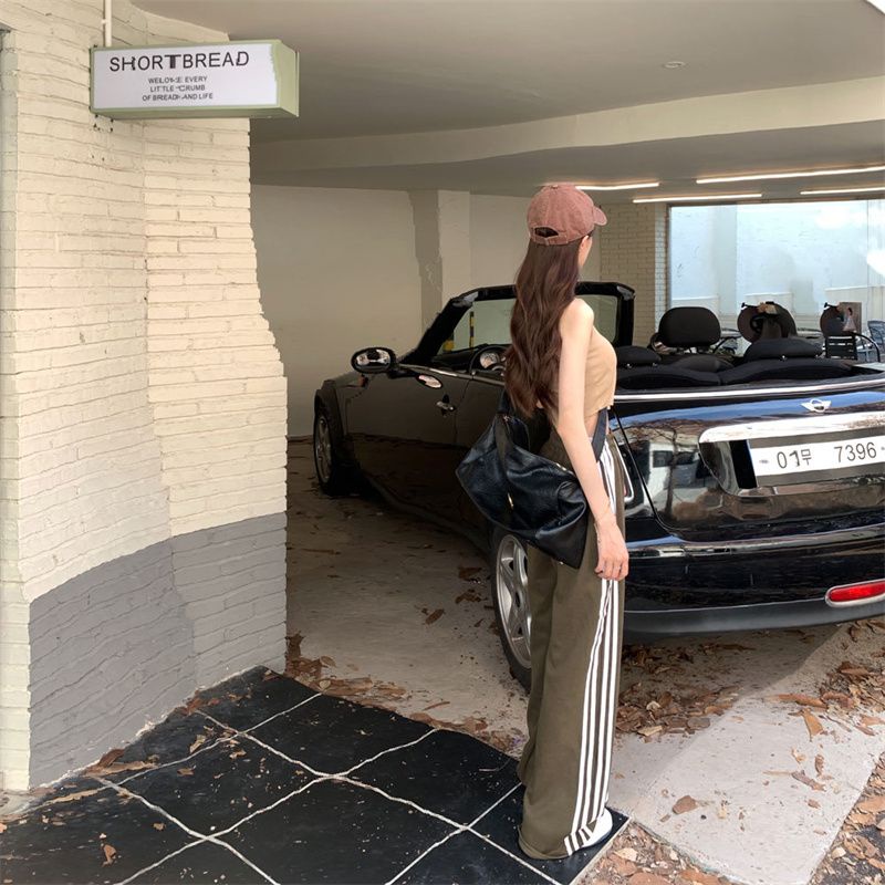 Jiashucheng Quần Ống Rộng Cạp Cao Dây Rút Kẻ Sọc Phong Cách Đường Phố Xuân Thu Mới Cho Nữ Sinh