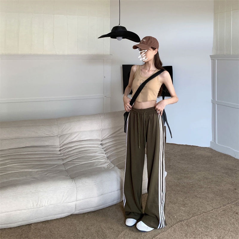 Jiashucheng Quần Ống Rộng Cạp Cao Dây Rút Kẻ Sọc Phong Cách Đường Phố Xuân Thu Mới Cho Nữ Sinh