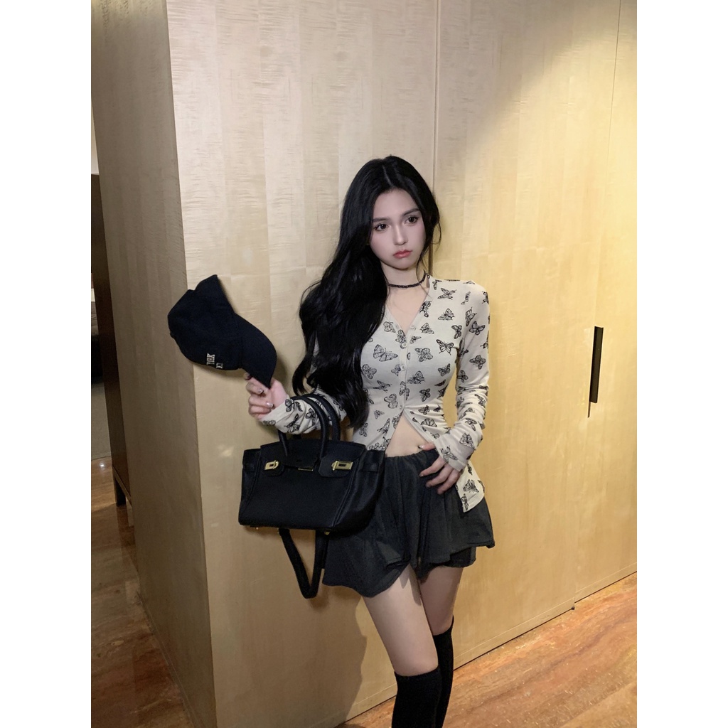 Jiashucheng Áo Khoác Cardigan Mỏng Tay Dài Cổ Chữ v Ôm Dáng In Họa Tiết Bướm Thời Trang Mùa Hè Cho Nữ