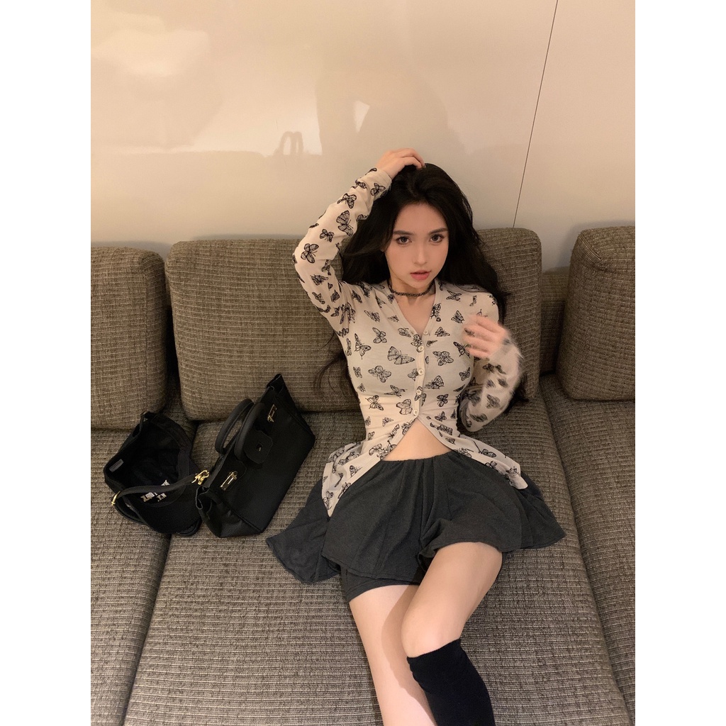 Jiashucheng Áo Khoác Cardigan Mỏng Tay Dài Cổ Chữ v Ôm Dáng In Họa Tiết Bướm Thời Trang Mùa Hè Cho Nữ