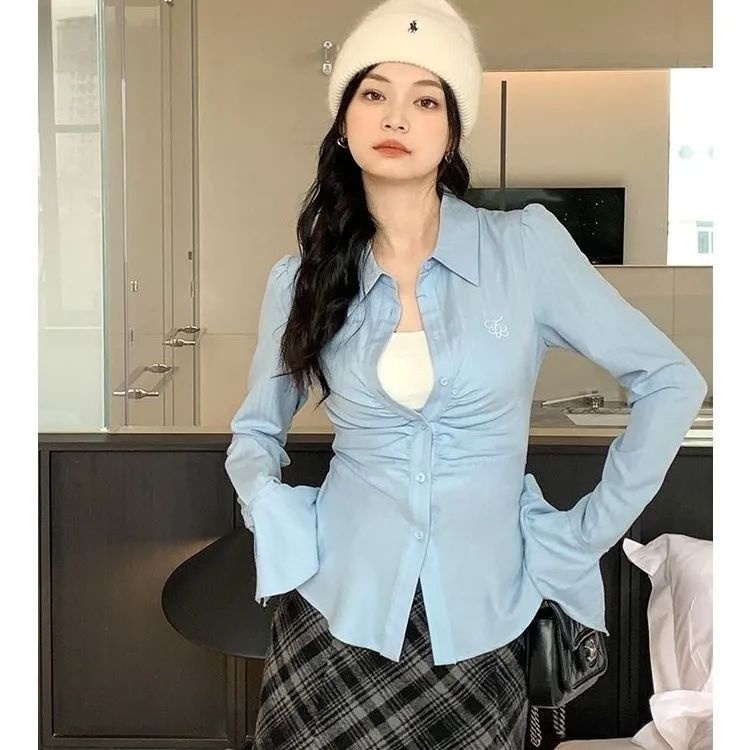 Jiashucheng Áo Sơ Mi Tay Loe Xếp Ly Eo Hẹp Thêu Họa Tiết Thời Trang Phong Cách Mới