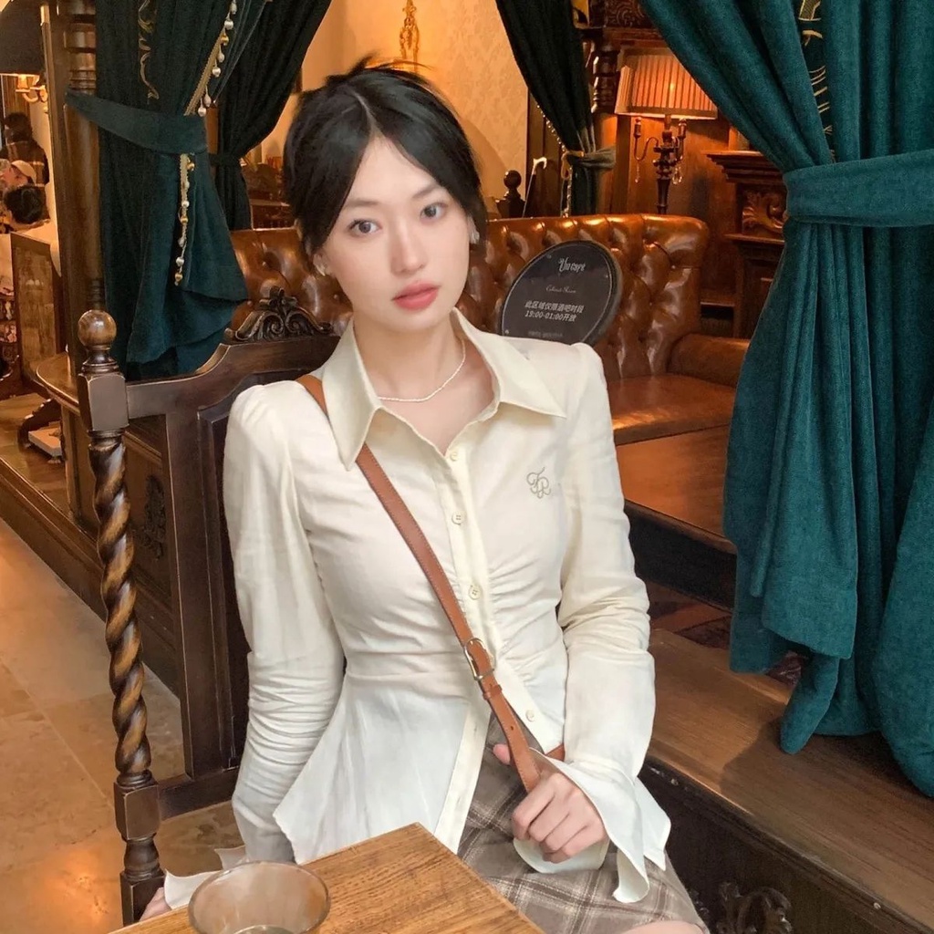 Jiashucheng Áo Sơ Mi Tay Loe Xếp Ly Eo Hẹp Thêu Họa Tiết Thời Trang Phong Cách Mới