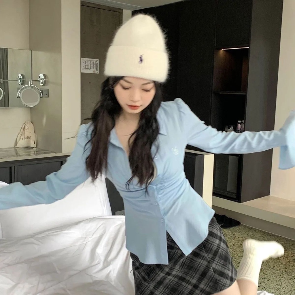 Jiashucheng Áo Sơ Mi Tay Loe Xếp Ly Eo Hẹp Thêu Họa Tiết Thời Trang Phong Cách Mới