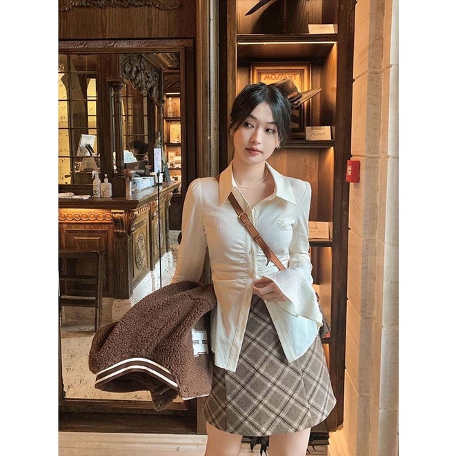 Jiashucheng Áo Sơ Mi Tay Loe Xếp Ly Eo Hẹp Thêu Họa Tiết Thời Trang Phong Cách Mới