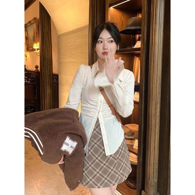 Jiashucheng Áo Sơ Mi Tay Loe Xếp Ly Eo Hẹp Thêu Họa Tiết Thời Trang Phong Cách Mới