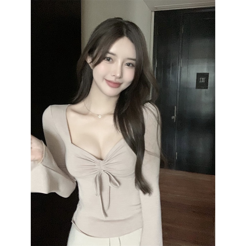 Jiashucheng Áo Thun Tay Dài Cổ Vuông Cột Dây Dáng Ôm Thời Trang Xuân Thu Kiểu Mới Dành Cho Bạn Nữ