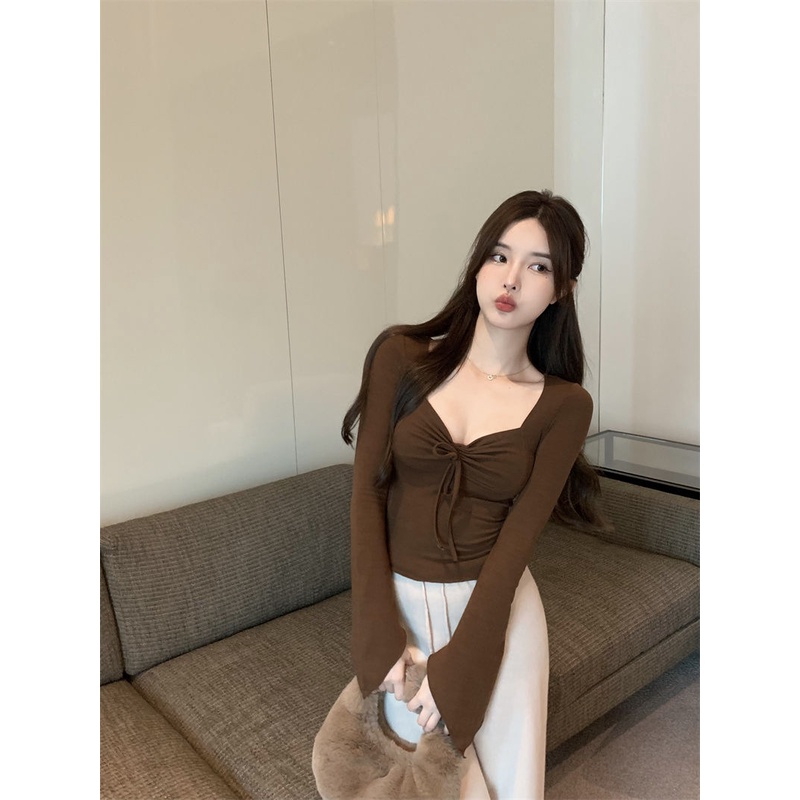 Jiashucheng Áo Thun Tay Dài Cổ Vuông Cột Dây Dáng Ôm Thời Trang Xuân Thu Kiểu Mới Dành Cho Bạn Nữ