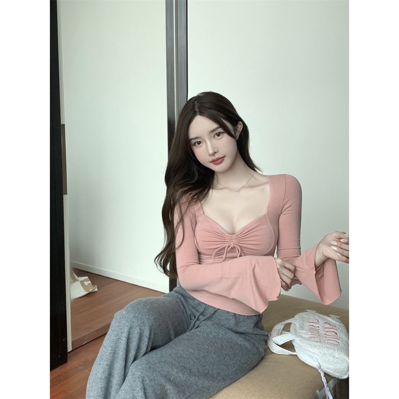 Jiashucheng Áo Thun Tay Dài Cổ Vuông Cột Dây Dáng Ôm Thời Trang Xuân Thu Kiểu Mới Dành Cho Bạn Nữ