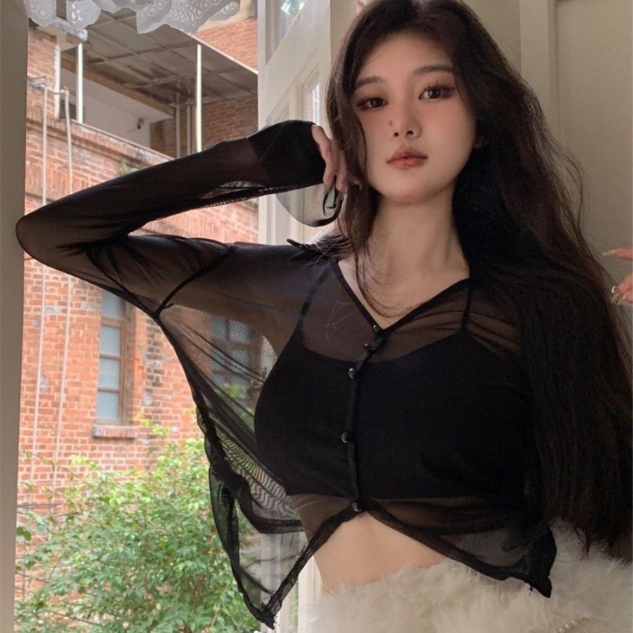 Jiashucheng Áo Sơ Mi Tay Dài Cổ Chữ v Phối Lưới Màu Gradient Thời Trang Mùa Hè Cho Nữ