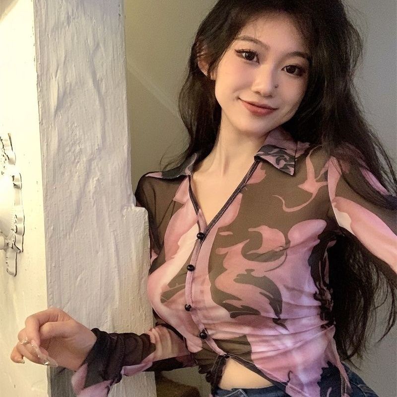 Jiashucheng Áo Sơ Mi Tay Dài Cổ Chữ v Phối Lưới Màu Gradient Thời Trang Mùa Hè Cho Nữ