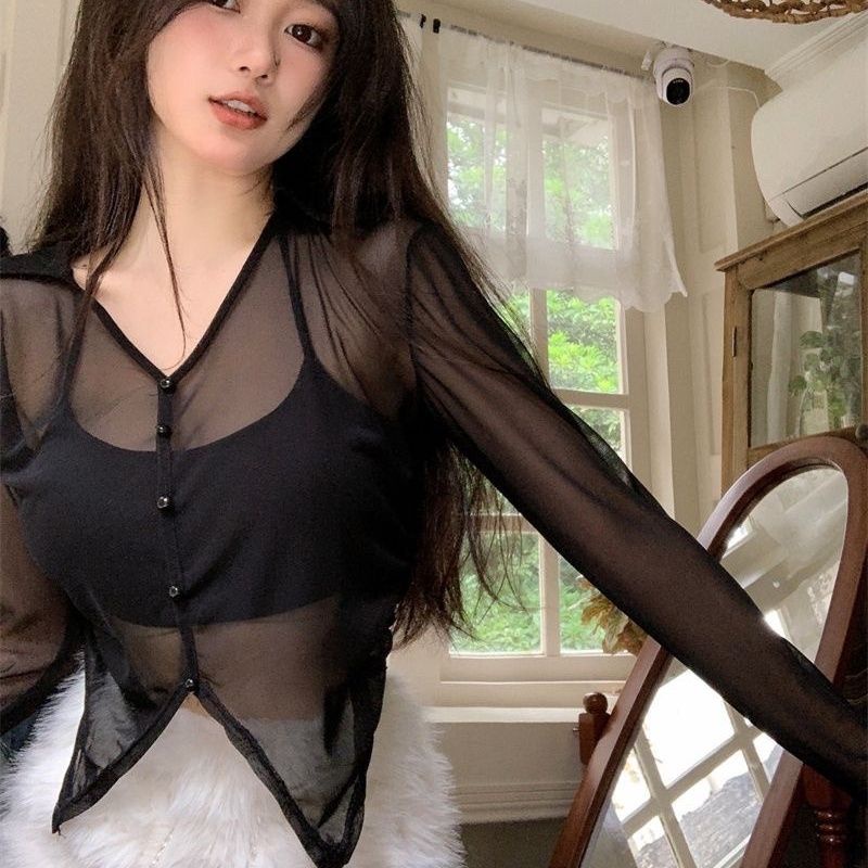 Jiashucheng Áo Sơ Mi Tay Dài Cổ Chữ v Phối Lưới Màu Gradient Thời Trang Mùa Hè Cho Nữ