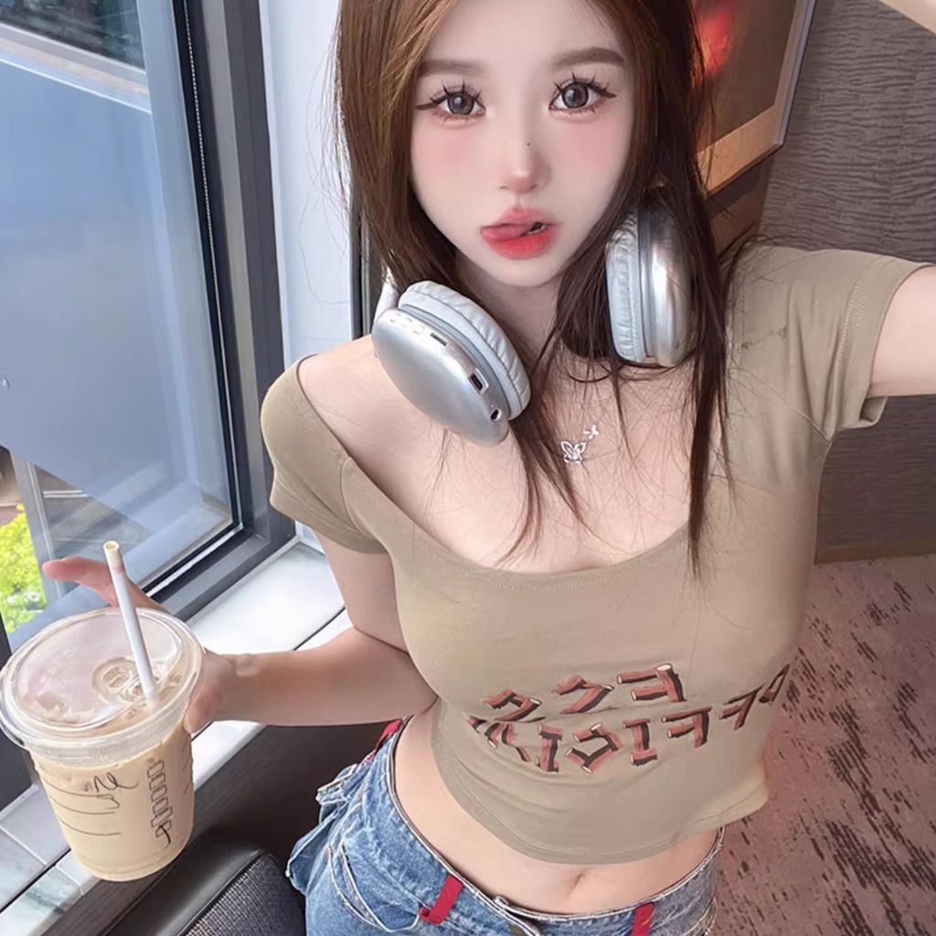 Jiashucheng Áo Thun Lửng Ngắn Tay Cổ Chữ u In Họa Tiết Gợi Cảm Cho Nữ