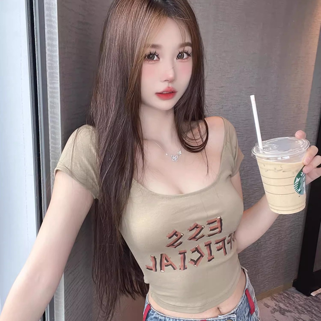 Jiashucheng Áo Thun Lửng Ngắn Tay Cổ Chữ u In Họa Tiết Gợi Cảm Cho Nữ