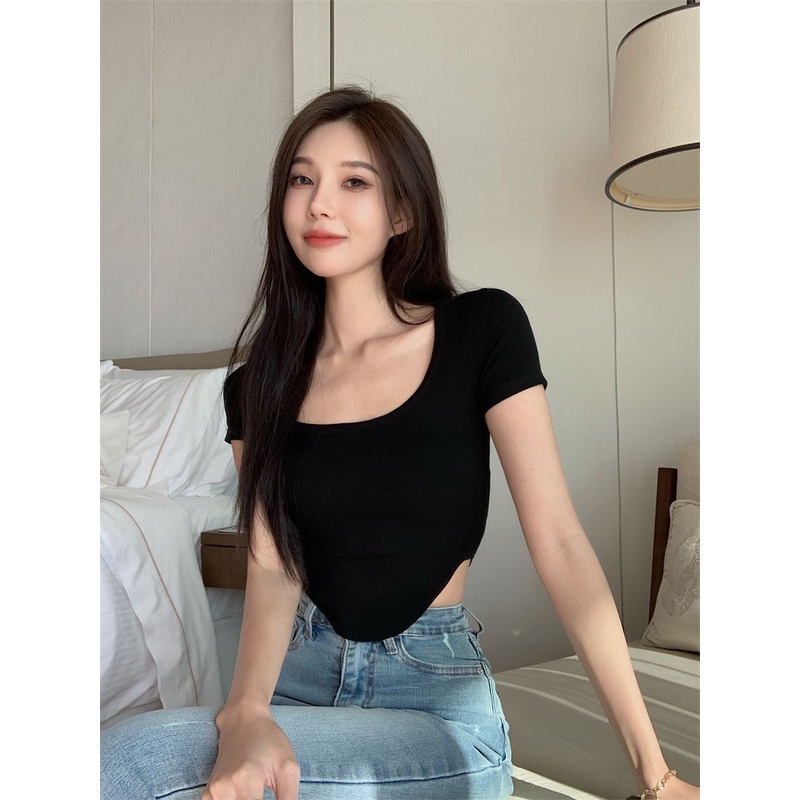 Jiashucheng Áo Thun Crop Top Ngắn Tay Cổ Vuông Màu Trơn Phong Cách Mới Mùa Hè Cho Nữ