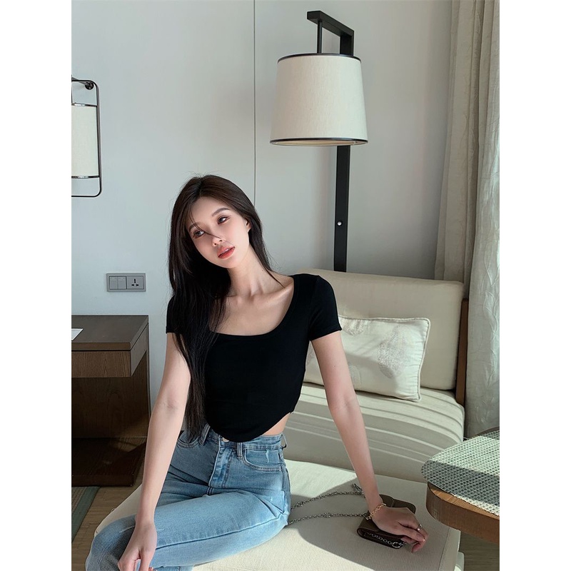 Jiashucheng Áo Thun Crop Top Ngắn Tay Cổ Vuông Màu Trơn Phong Cách Mới Mùa Hè Cho Nữ
