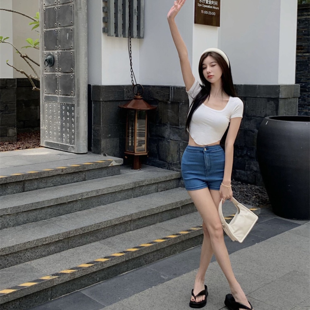 Jiashucheng Áo Thun Crop Top Ngắn Tay Cổ Vuông Màu Trơn Phong Cách Mới Mùa Hè Cho Nữ