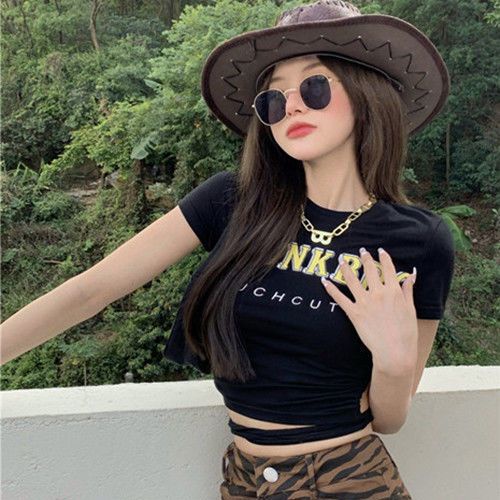 Jiashucheng Áo Thun Croptop Tay Ngắn Dáng Ôm Cột Dây In Chữ Thời Trang Quyến Rũ Cho Nữ
