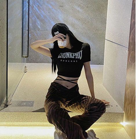 Jiashucheng Áo Thun Croptop Tay Ngắn Dáng Ôm Cột Dây In Chữ Thời Trang Quyến Rũ Cho Nữ