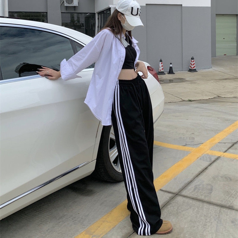 Jiashucheng Quần Dài Ống Rộng Thẳng Họa Tiết Kẻ Sọc Thời Trang Đường Phố Mùa Hè Kiểu Mỹ Mới Dành Cho Bạn Nữ